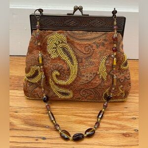 Handmade Embroidered Brown Clutch with Beaded Strap